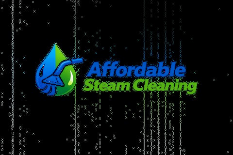 Affordable Steam Cleaning logo with blue and green water droplet design on dark background